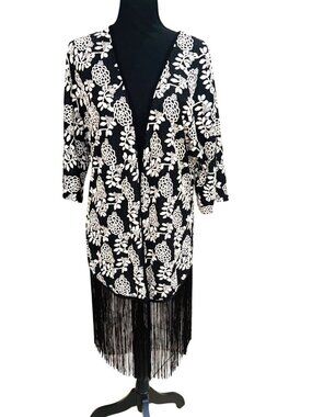 Floral Fringe Long Open-Front Kimono Cardigan Black White Women S Boho FairyGoth